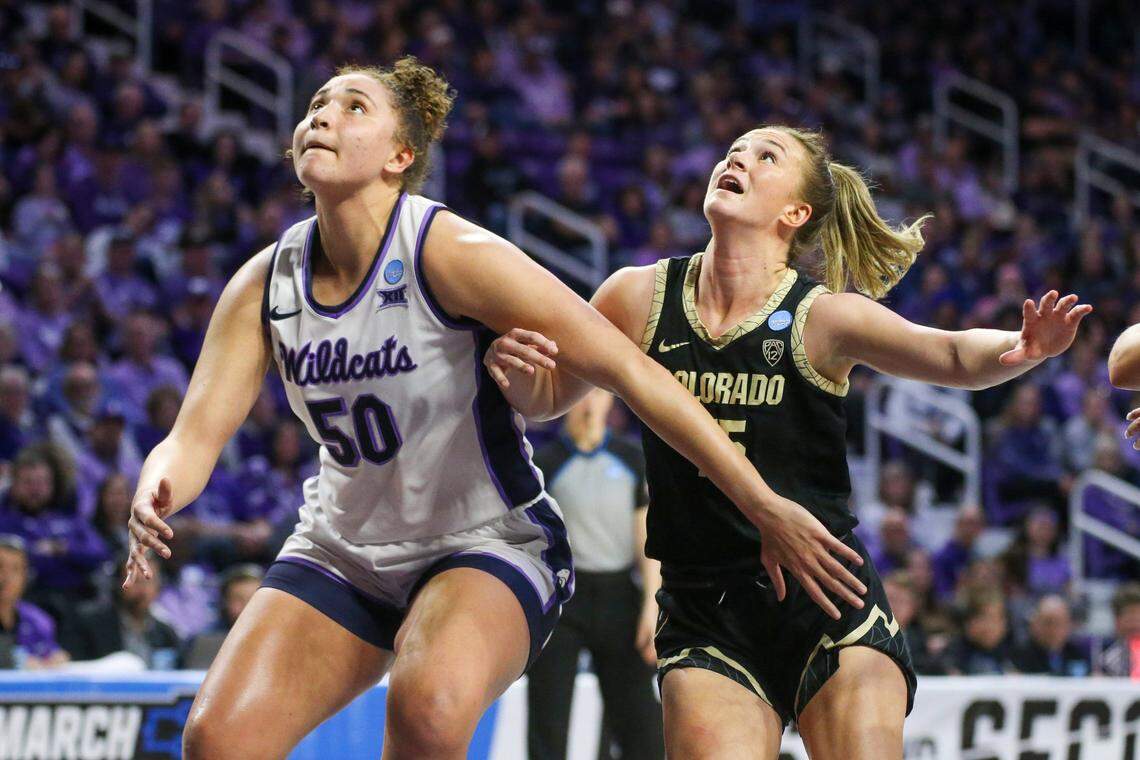 Ayoka Lee (50), a three-time All-America post player for Kansas State, has missed a good portion of this season because of injuries but looks healthy enough to play major minutes in the NCAA Tournament. The Wildcats are 18-1 this season when she’s available and starting.