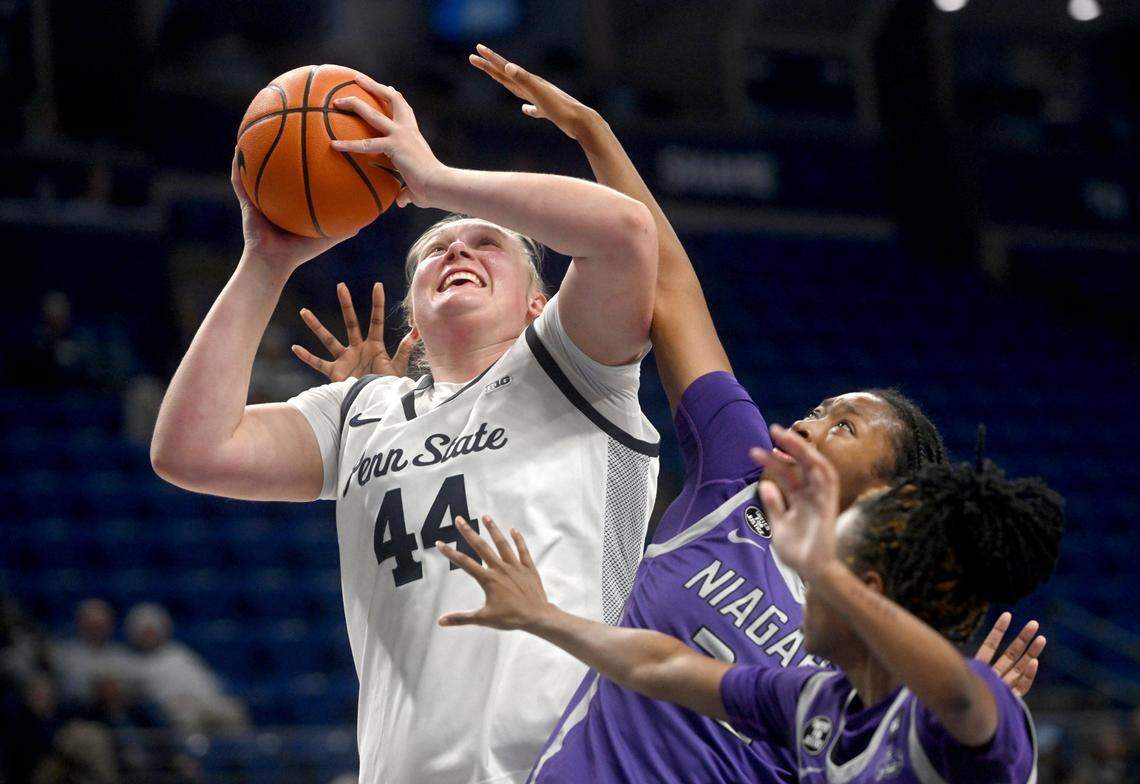 Former Bullitt East star Gracie Merkle (44) averaged 19.2 points and 8.2 rebounds for Penn State in 2025-26.