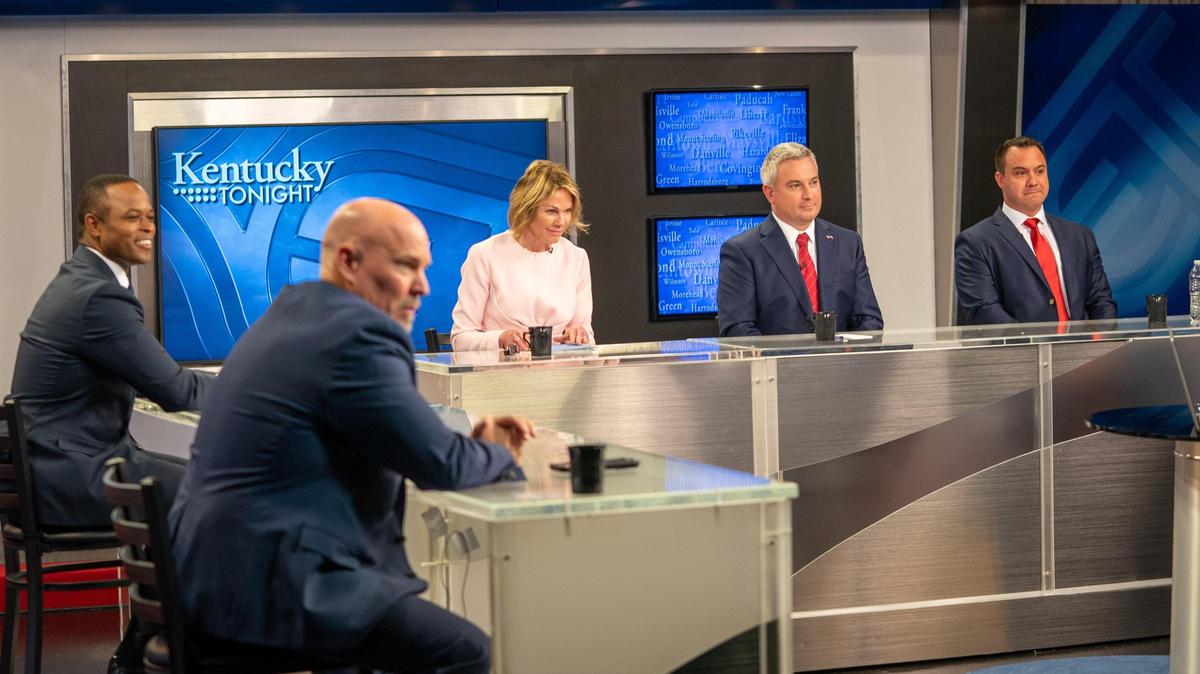 Eric Deters , Daniel Cameron, Kelly Craft, Ryan Quarles, Alan Keck at the Governor (Republican) debate at KET on Monday May 1, 2023 in Lexington, Ky.