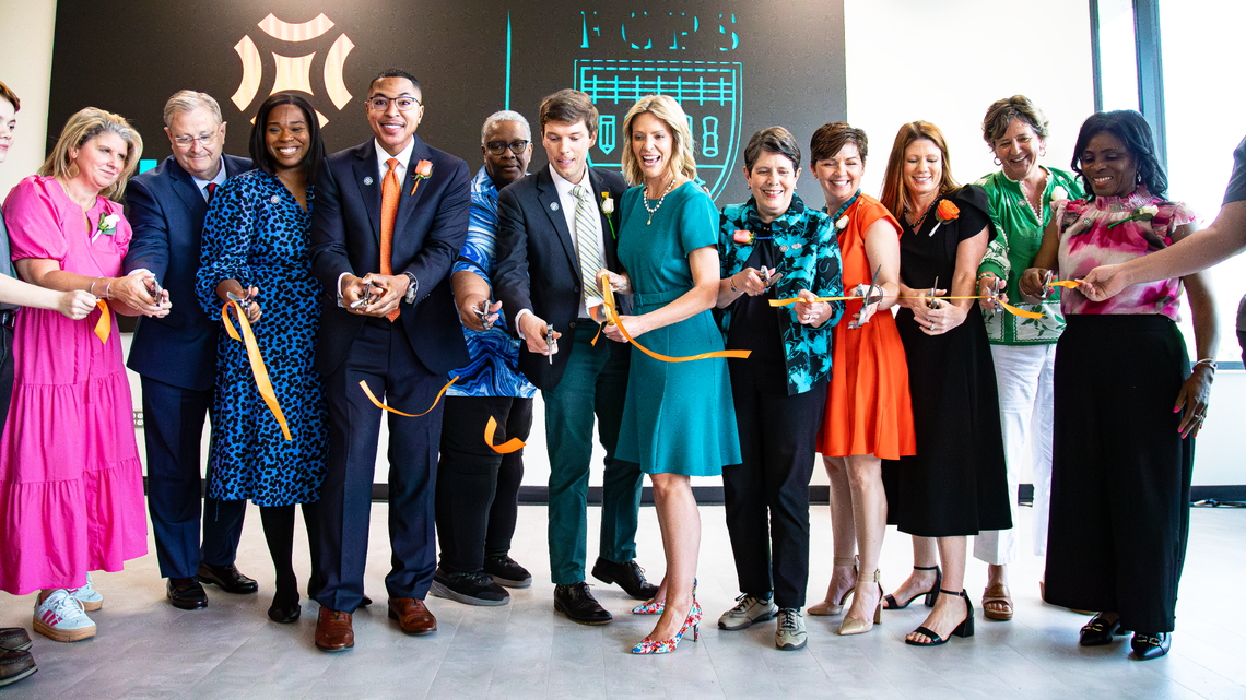 Fayette school officials and community members cut the ribbon to open the Hill, the Hub for Innovative Learning and Leadership, a new career and technical education school at the former Herald-Leader building on June 12, 2025.