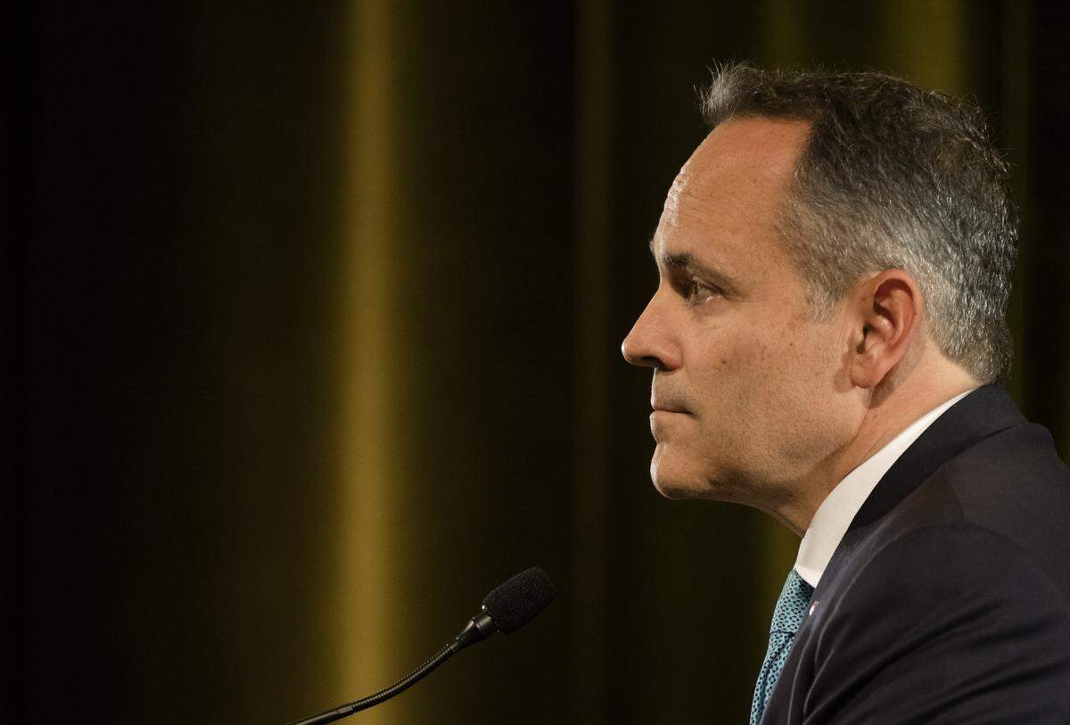 Governor Matt Bevin listens to his opponent Andy Beshear respond to a question during the final Kentucky gubernatorial debate between incumbent Republican Matt Bevin and Democratic candidate Andy Beshear on Tuesday, Oct. 29, 2019 at Northern Kentucky University in Highland Heights, Ky.