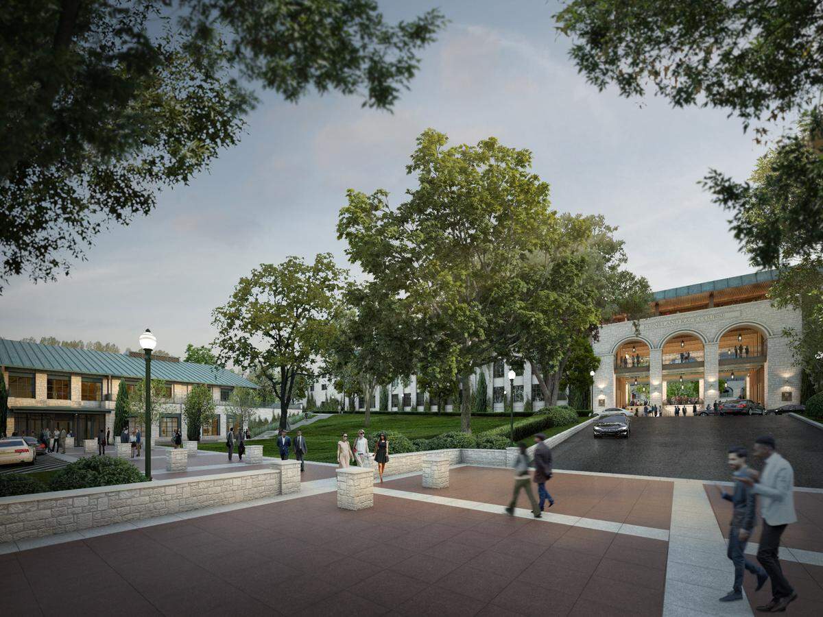 A rendering of the view from Keeneland Boulevard shows the new East Gate in the Paddock Building as well as the new office building that will be built opposite the existing sales pavilion.