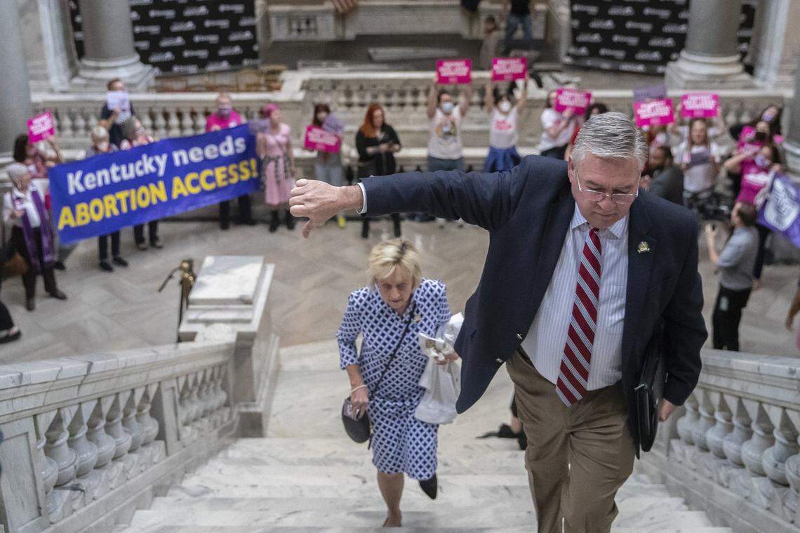 State Rep. Randy Bridges, R-Paducah, gives a thumbs down as protesters chant “Bans off our bodies” at the Kentucky state Capitol on Wednesday, April 13, 2022. Protesters chanted “Bans off our bodies” as they anticipated Kentucky Gov. Andy Beshear’s veto of a sweepingly restrictive abortion bill, HB3, would be overridden.