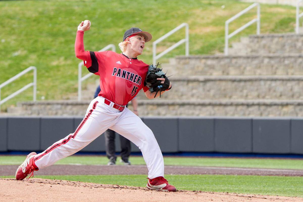 Pleasure Ridge Park's Joey Dudeck (15) pitches the ball during their game against Trinity on Friday, June 14, 2024 in Lexington, Ky. at Kentucky Proud Park for the state baseball semifinals.