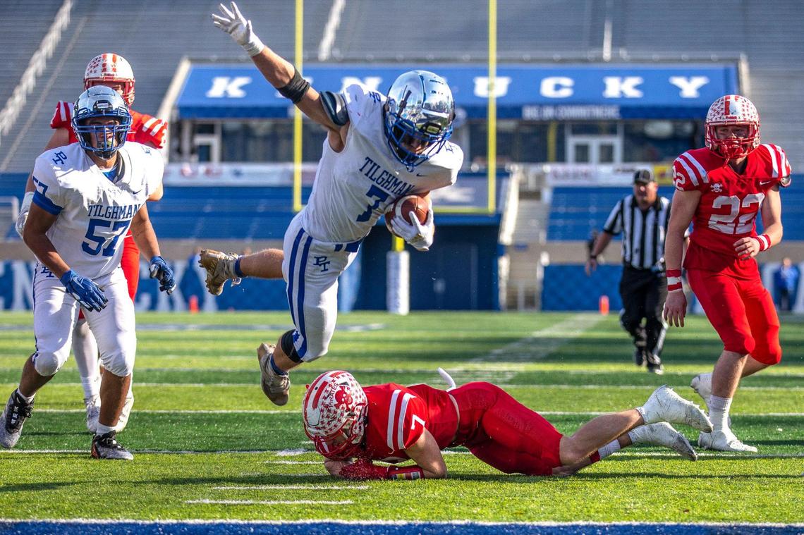 Paducah Tilghman’s Malachi Rider (7) scores a touchdown during the 2021 UK Orthopaedics State Football Finals Class 3A championship game against Belfry at Kroger Field in Lexington, Ky., on Saturday, Dec. 4, 2021.