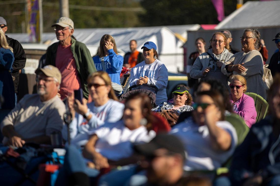 Spectators cheer on contestants in the mullet competition during the 2021 Mt. Sterling Court Day Festival on Saturday.