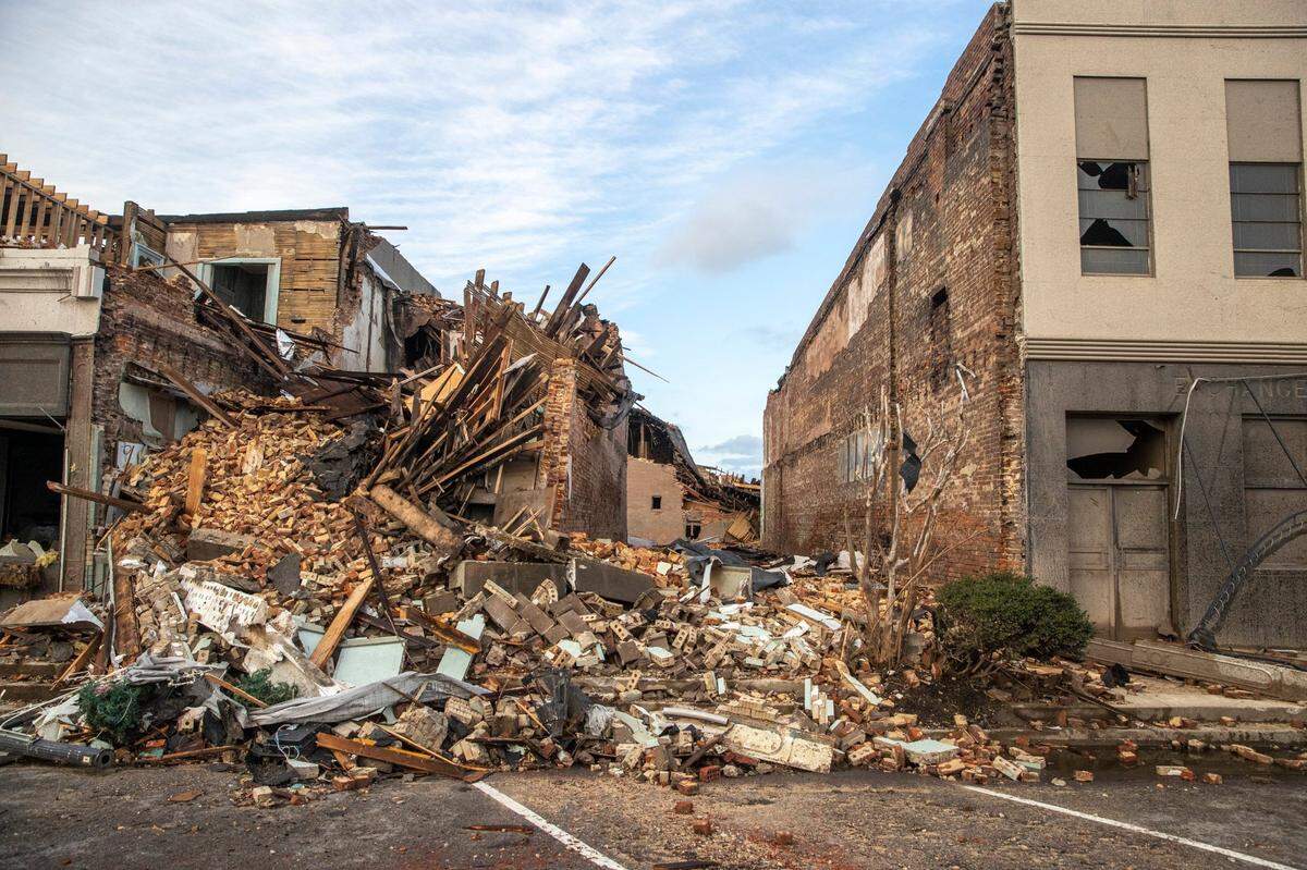 Buildings along downtown Mayfield’s 7th Street, Dec. 10, 2021.