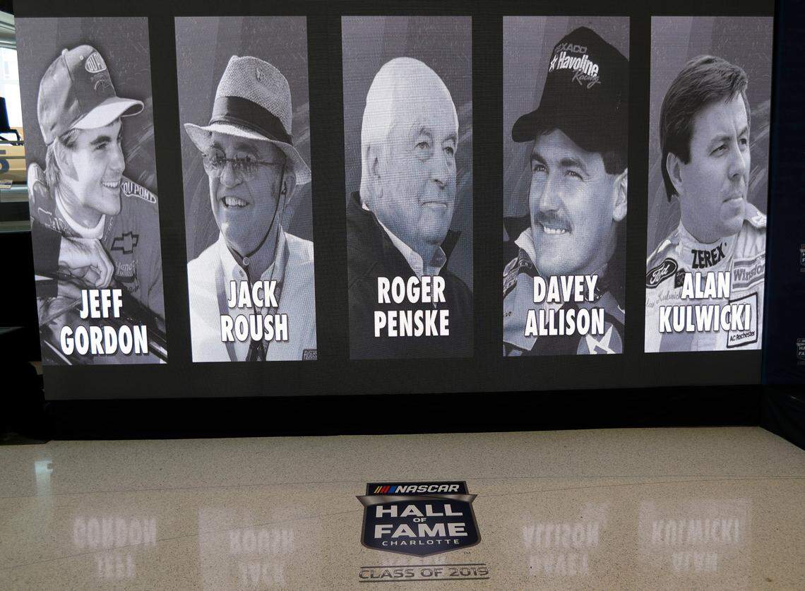 The 2019 class of the NASCAR Hall of Fame, from left, Jeff Gordon, Jack Roush, Roger Penske, Davey Allison and Alan Kulwicki.