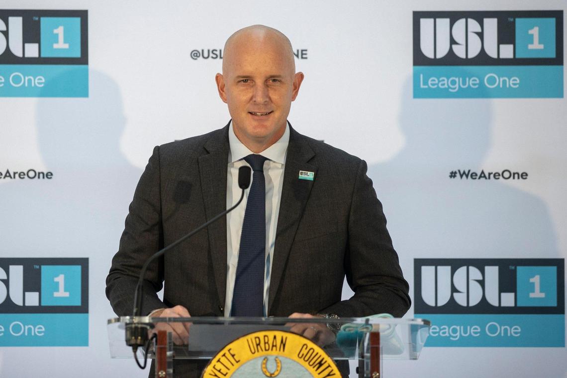 USL President Jake Edwards announces in downtown Lexington on Tuesday that the city is being awarded an expansion pro soccer franchise in USL League One.