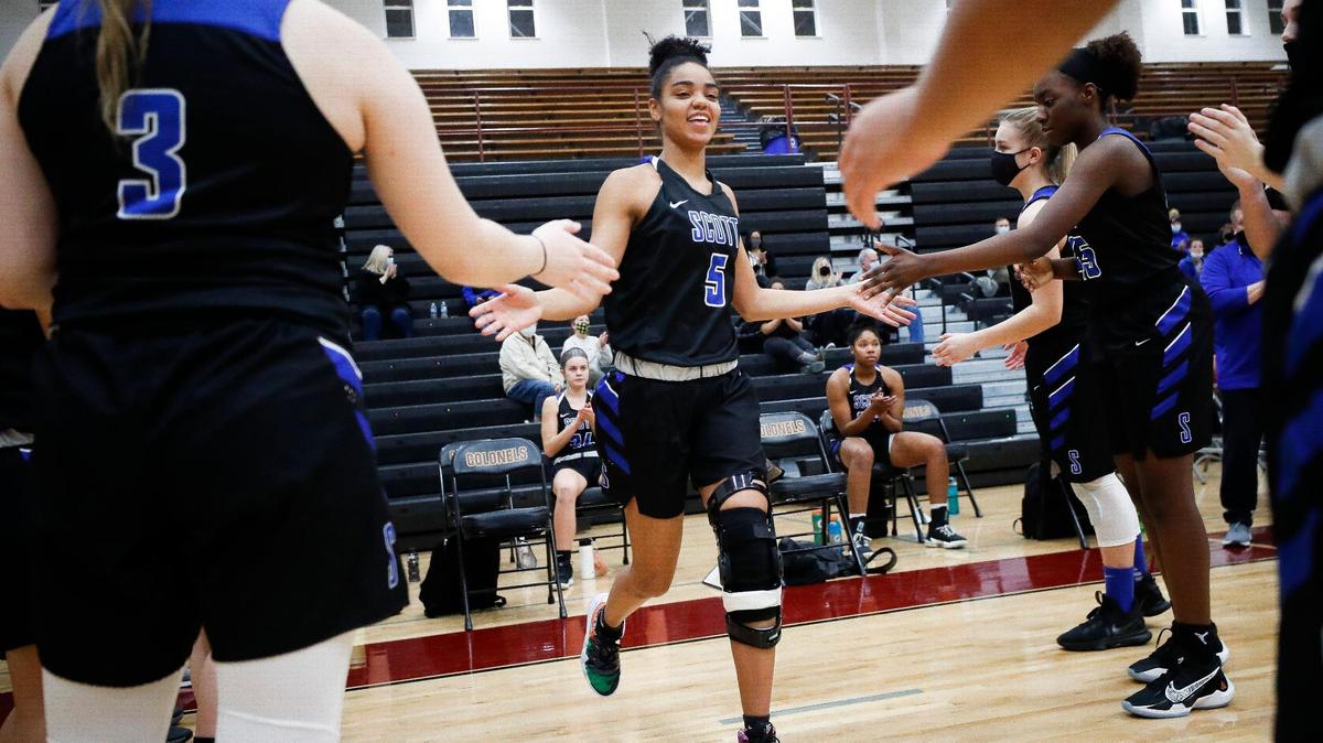 Scott’s Mya Meredith (5) takes the court during a game against Bourbon County at Bourbon County High School in Paris on Jan. 19, 2021. Scott beat Bourbon County 54-43.
