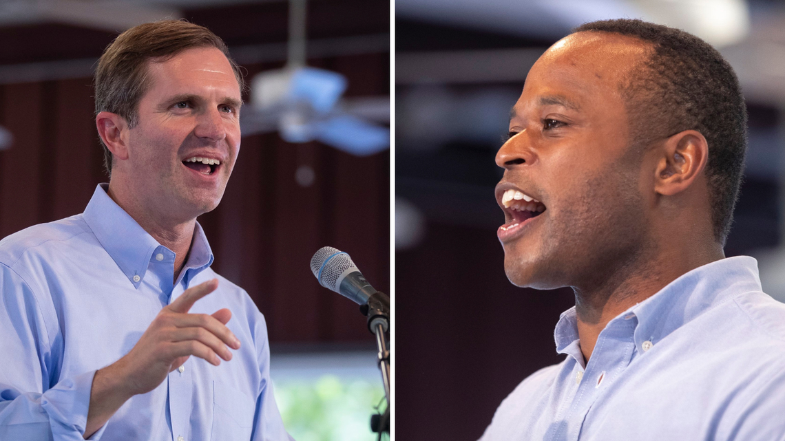 A new poll shows Democratic Gov. Andy Beshear (left) with a commanding lead over Republican challenger Attorney General Daniel Cameron.