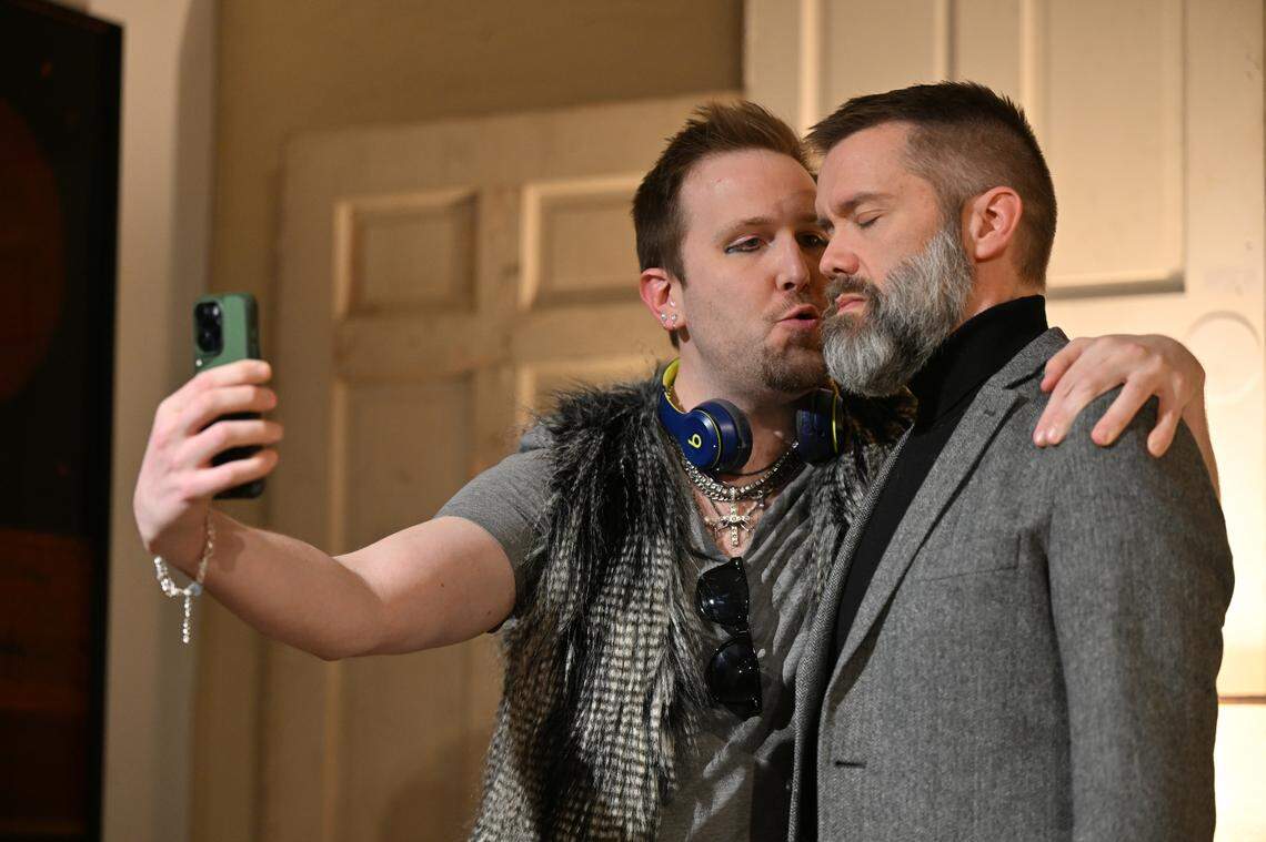 John (Tanner Gray) cajoles Richard (Shayne Brakefield) into a brotherly selfie. This “Lion in Winter” production is set in a non-specific modern time. On the Verge Theatre presents “The Lion in Winter” at Luigart Studio, 110 Luigart Court in Lexington, Kentucky, Jan. 23-Feb. 1. This photo was taken at a rehearsal Jan. 17, 2025.