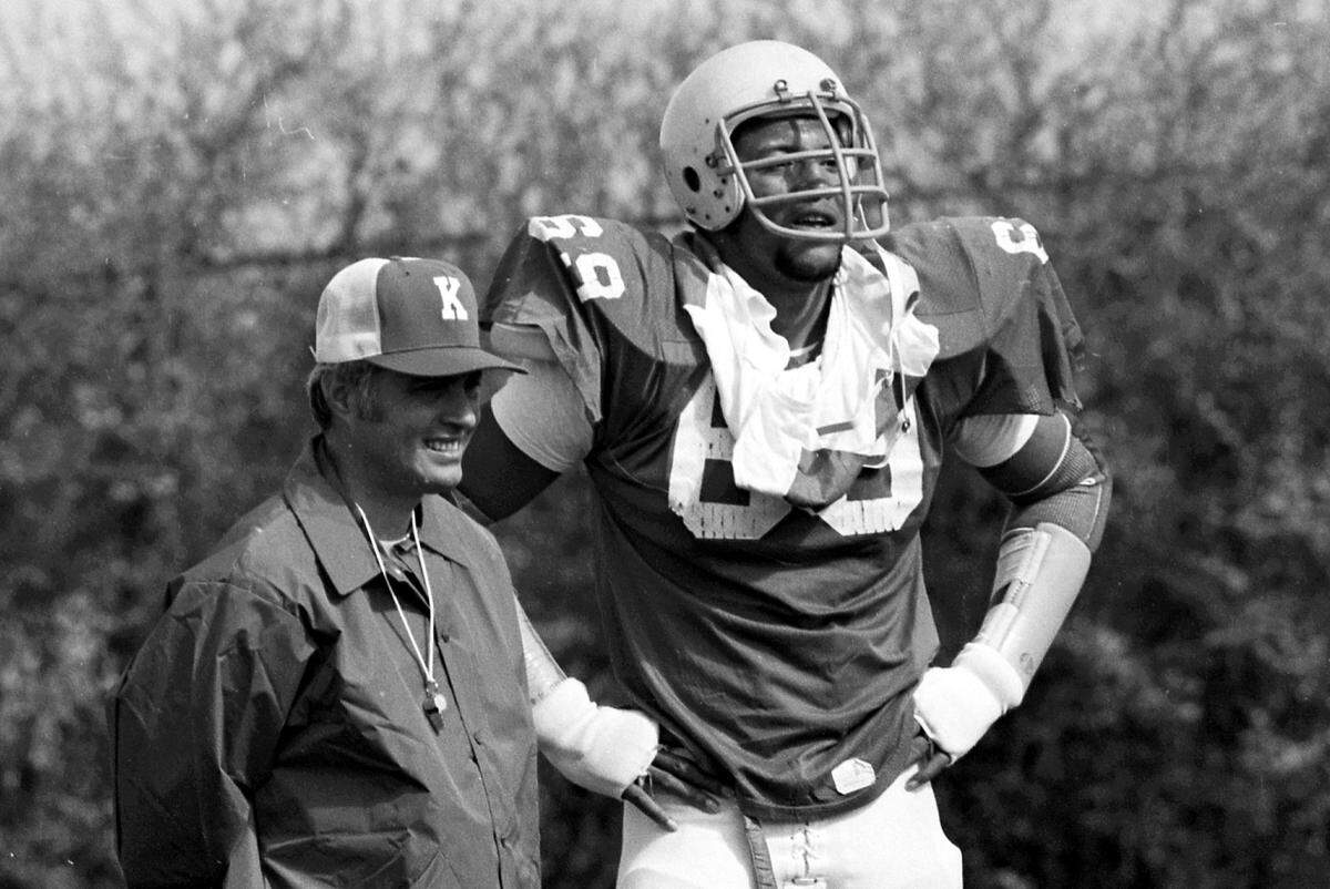Former Kentucky head coach Fran Curci, shown here with star offensive lineman Warren Bryant in 1976, led the Wildcats against Penn State four times in the 1970s. In 1976, UK beat the Nittany Lions 22-6 at Commonwealth Stadium.