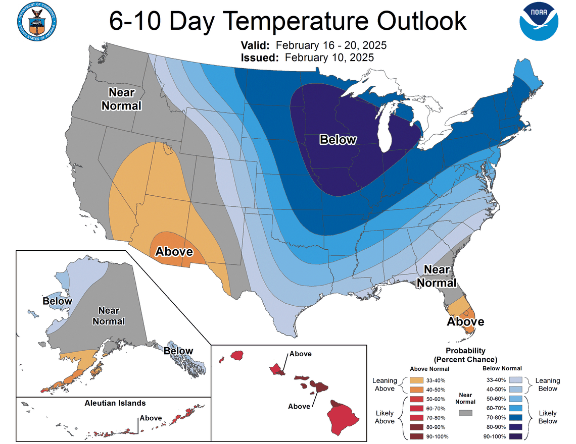 An outlook from the national Climate Prediction Center shows temperature probabilities for the U.S. between Feb. 16-20, 2025.