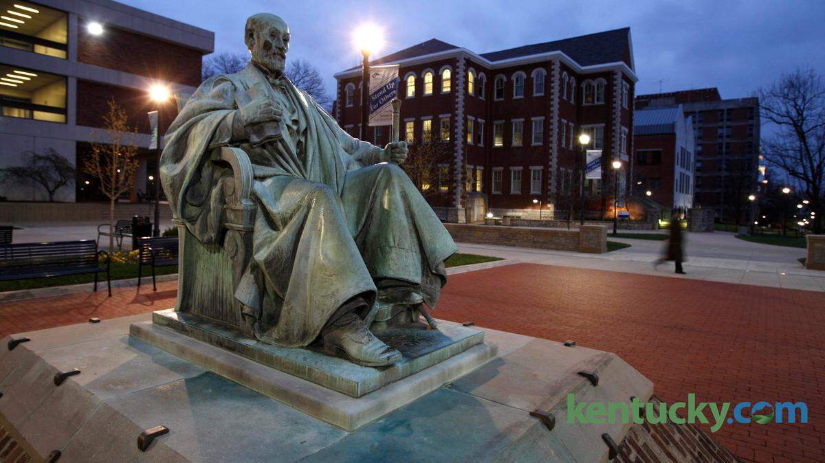 A statue of James Kennedy Patterson commands the plaza in front of the Patterson Office Tower at the University of Kentucky. Patterson was UK president from 1869 to 1910.
