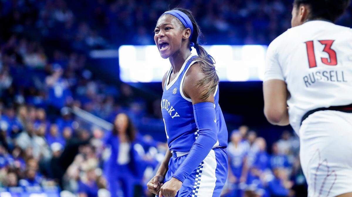 Kentucky guard Robyn Benton celebrates scoring and drawing a foul against Louisville on Dec. 11, 2022. “She’s stepped up big,” head coach Kyra Elzy said. “Not just off the court, on the court. She’s never had to be the one, and then all of a sudden we were like, ‘You are the one.’”