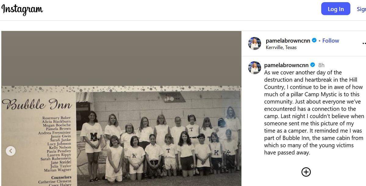 Pamela Brown, a Kentucky native and CNN anchor, shared an old photo of herself among a group of campers at Camp Mystic in Texas.
