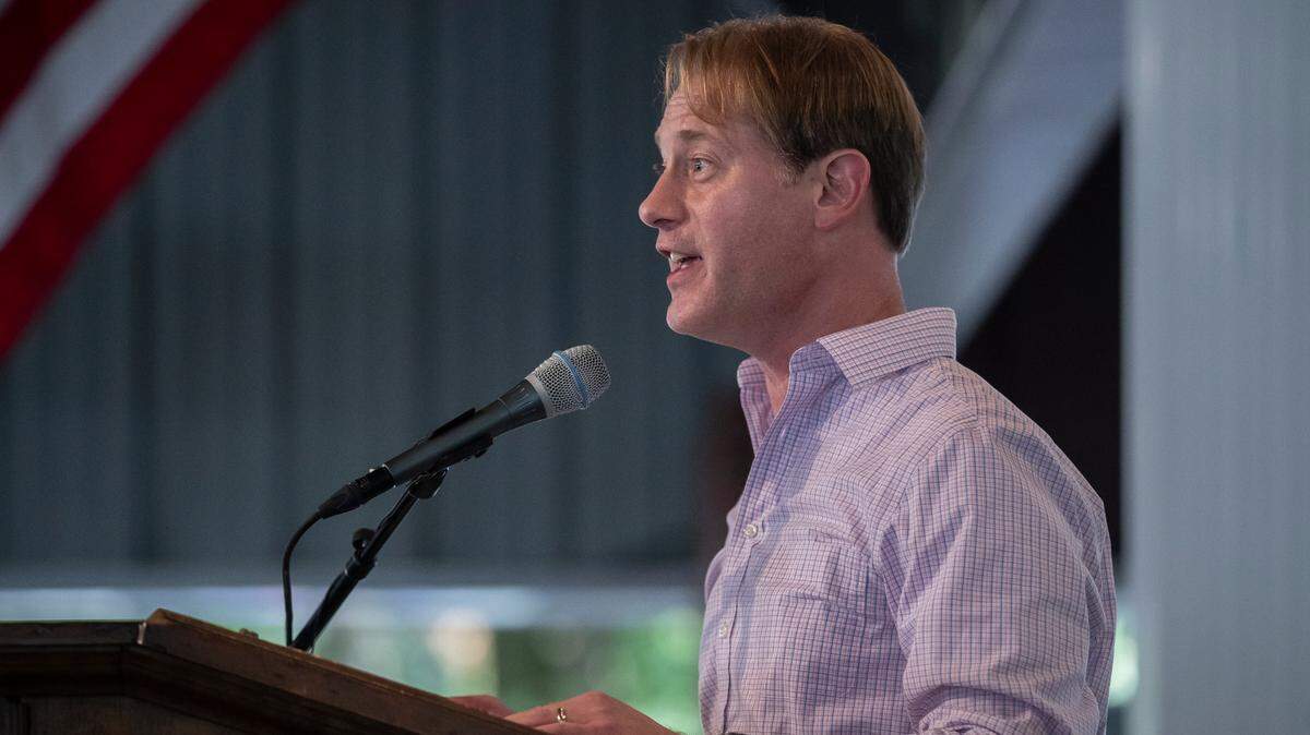 Kentucky Secretary of State Michael Adams speaks during the Fancy Farm picnic in Fancy Farm, Ky., on Saturday, Aug. 5, 2023.