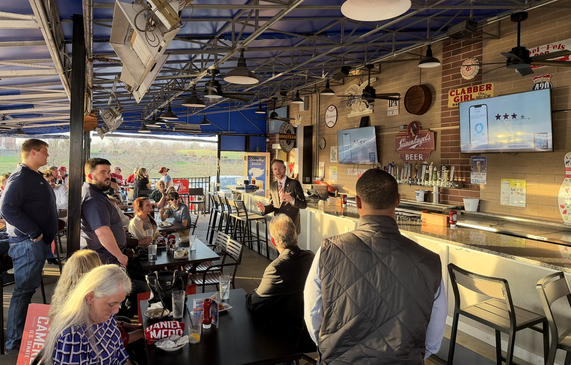 Rep. TJ Roberts, R-Burlington, introduces U.S. Senate candidate Daniel Cameron to a crowd at Barleycorn’s sports bar in Boone County.
