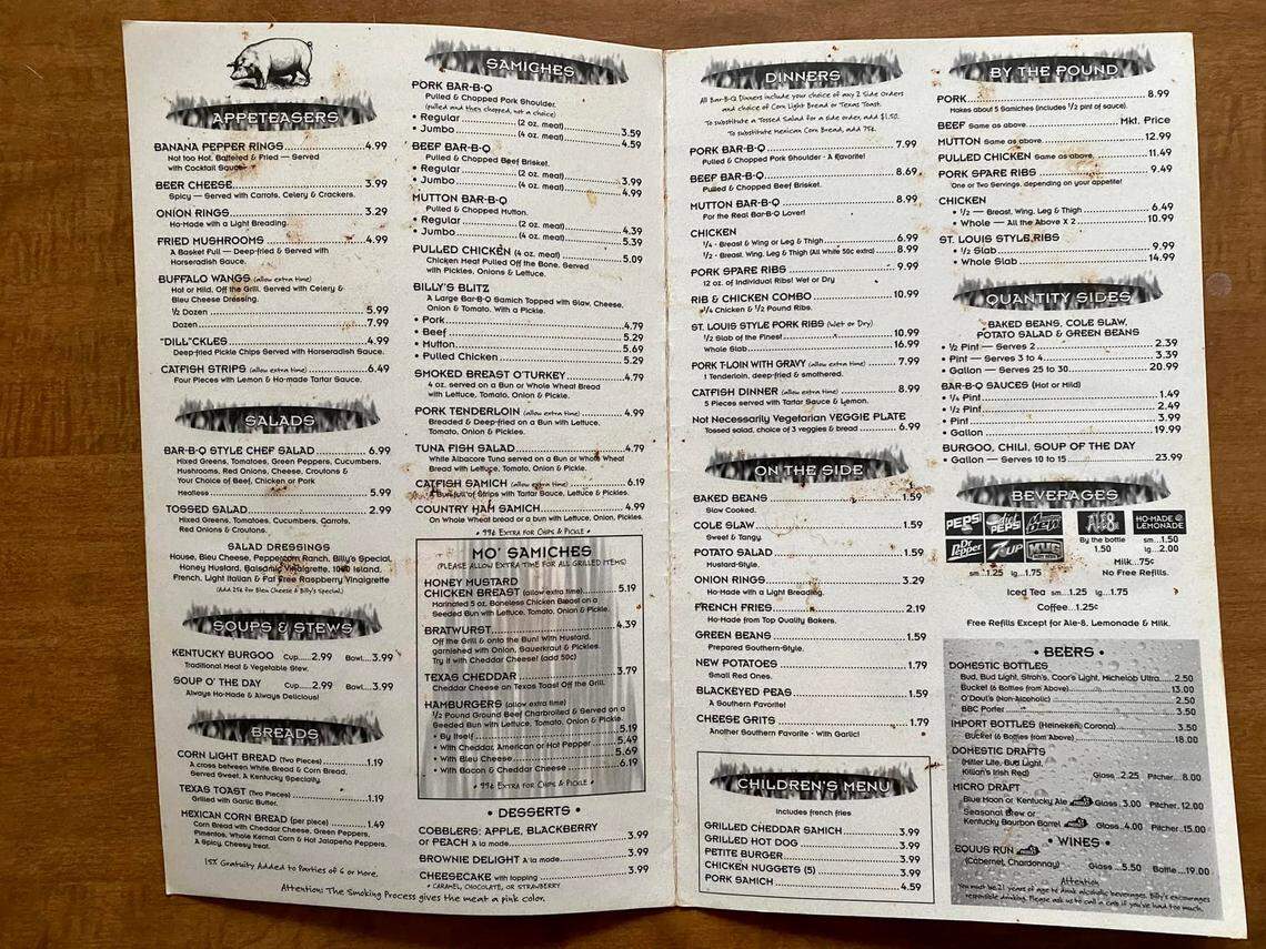 A menu for Billy’s Bar-B-Q, circa 2007.