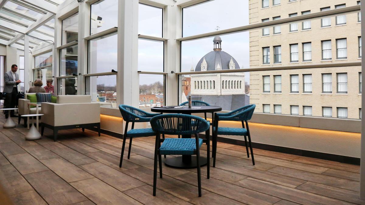 The dining room room at Infinity: Skybar & Cafe on the roof of downtown Lexington’s Residence Inn provides picturesque views of the city. The windows open and the roof is retractable.