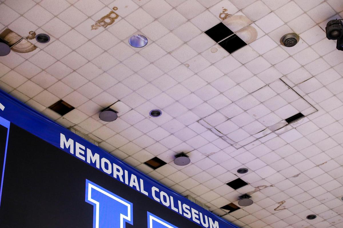 Damaged ceiling tiles were evident in Memorial Coliseum when Kentucky’s volleyball team hosted Marquette in its season opener last week.