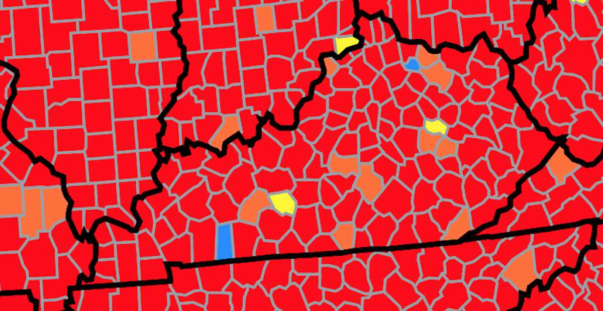This map of Kentucky from the U.S. Centers for Disease Control and Prevention shows COVID-19 community transmission levels by county as of June 17, 2022. Red counties are scored high, orange counties are scored substantial, yellow counties are scored moderate and blue counties are scored low.
