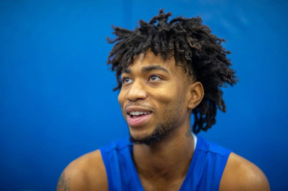 Kentucky freshman Jordan Burks speaks with reporters at the team’s media day Wednesday.