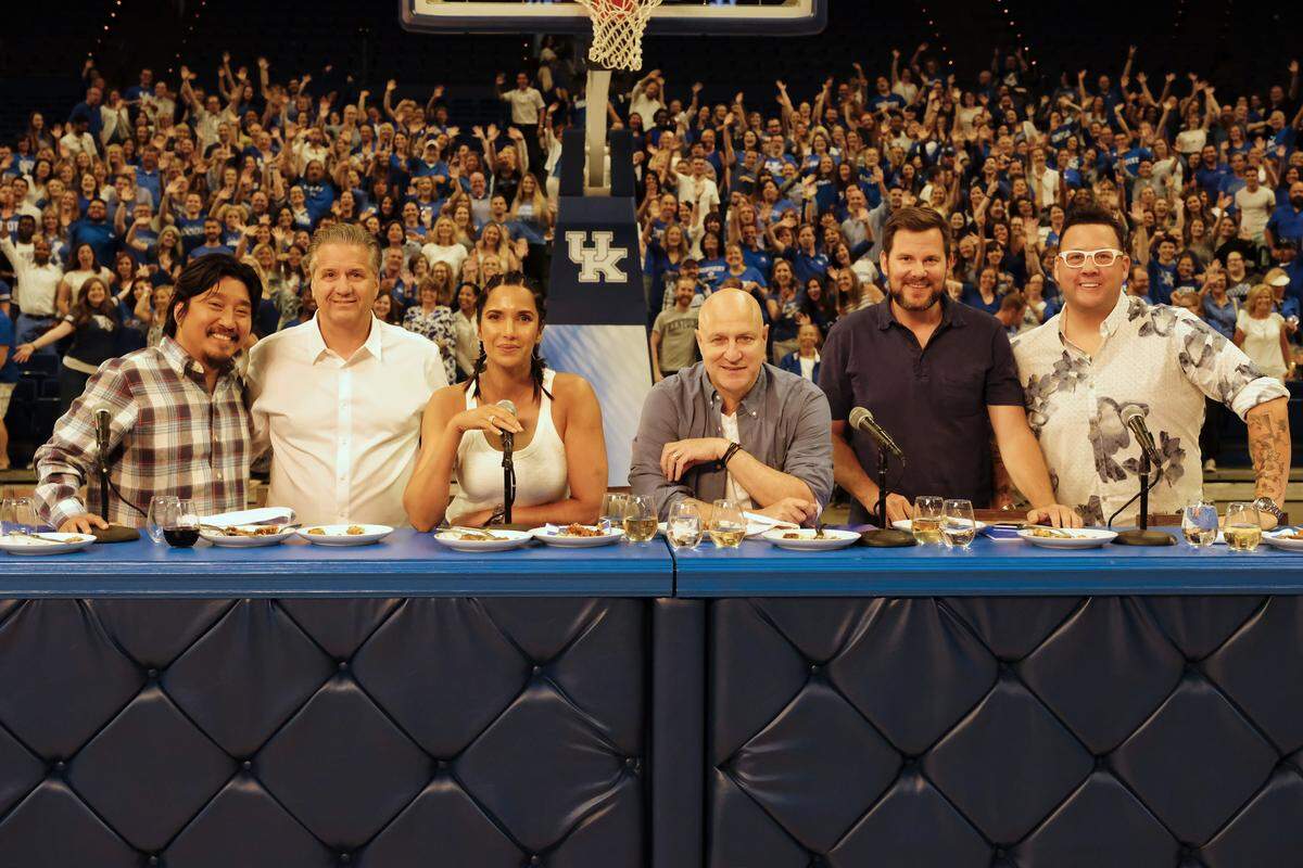 Were you there? The “Hoop Dreams” episode of “Top Chef” Kentucky with, from left, chef Ed Lee, UK men’s basketball coach John Calipari, host Padma Lakshmi, head judge Tom Colicchio, Food & Wine editor Hunter Lewis and chef Graham Elliot airs on Thursday.