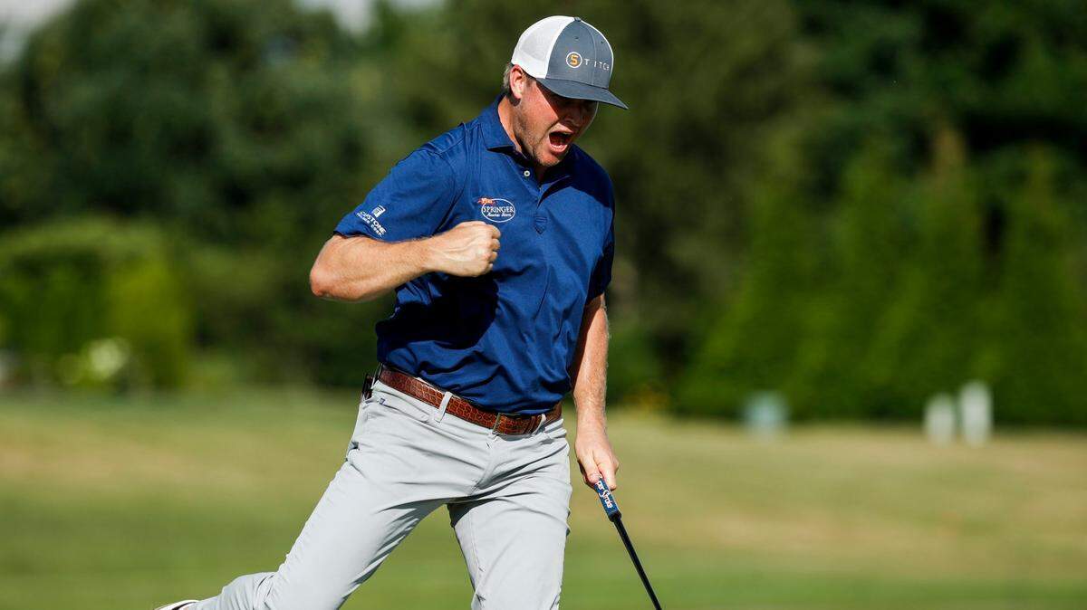 Trey Mullinax celebrates sinking a putt on No. 18 to win last year’s PGA Barbasol Championship in Nicholasville. The victory was his first on the PGA Tour.