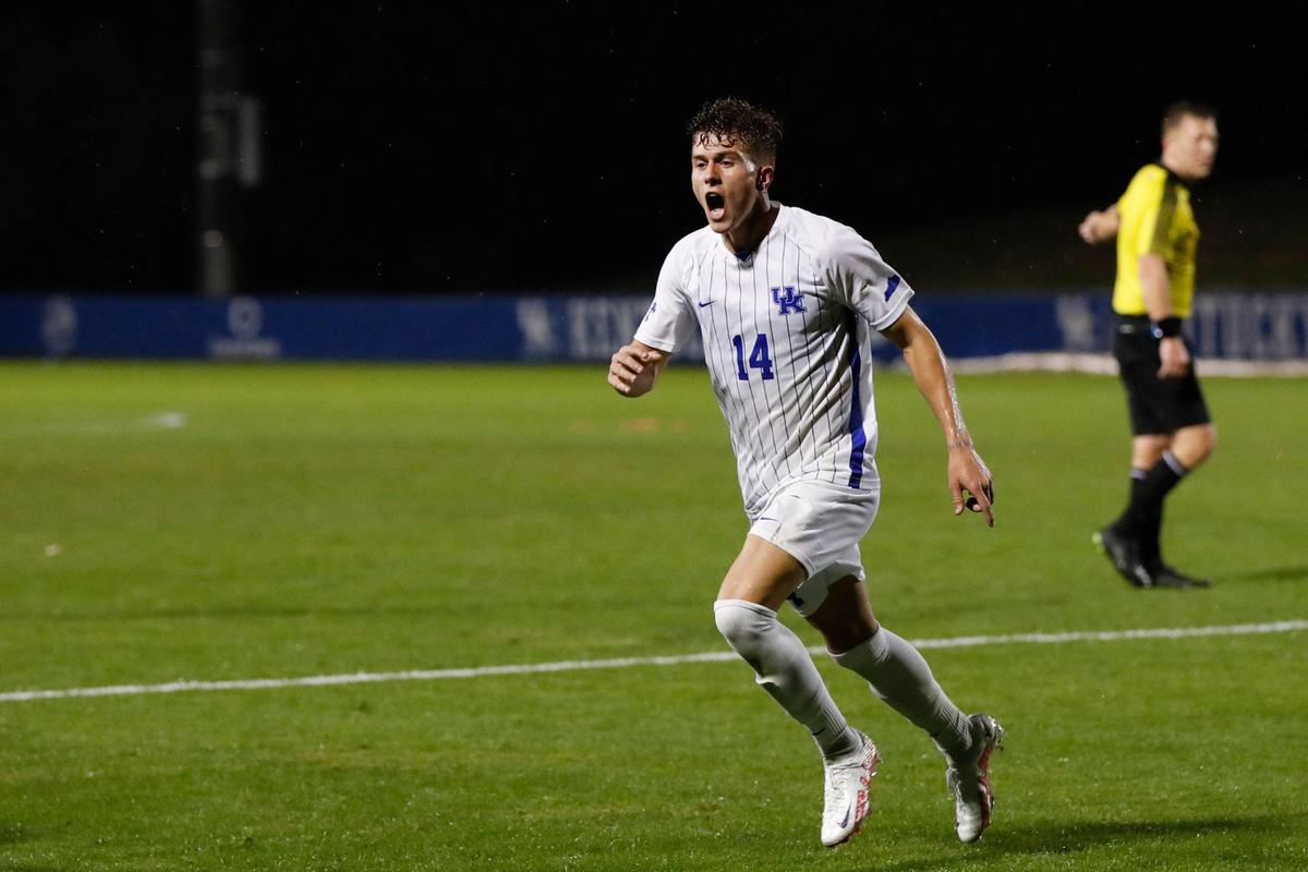 Kentucky’s Max Miller celebrates scoring the tying goal against Dayton on Wednesday night at the Bell Soccer Complex.