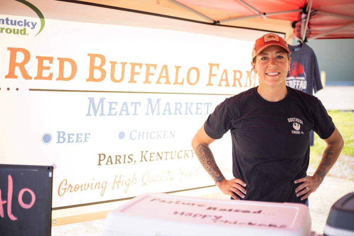 Julie Fleming, 35, a California native and Kentucky farmer, poses for a photo on Tuesday, June 24, 2025, at National Avenue in Lexington, Ky.