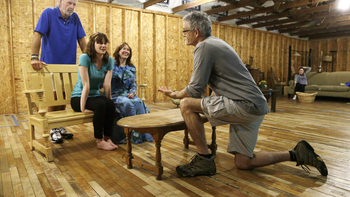 Director Brian King, right, talked with cast members as they rehearsed One Slight Hitch, the season-opening production for the 66th summer season of Pioneer Playhouse in Danville. From left are Eben French Mastin, Casey Cudmore and Patricia Hammond. Mastin and Hammond are veteran members of the Pioneer Playhouse ensemble.