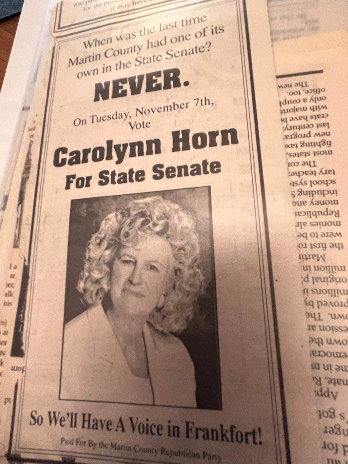 An ad in Inez Ky.’s Mountain Citizen newspaper promoting Carolyn Horn’s 2000 run for State Senate.