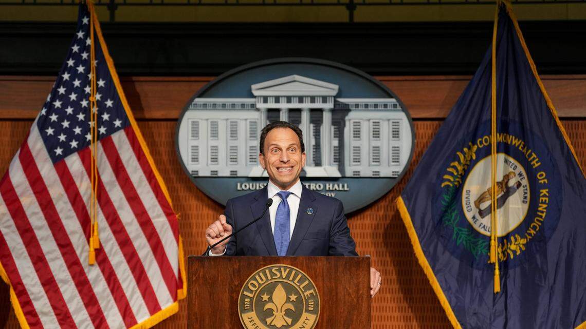 Mayor Craig Greenberg announces the leave of LMPD Chief Jacquelyn Gwinn-Villaroel and Paul Humphrey as interim chief on Wednesday, June 12, 2024.