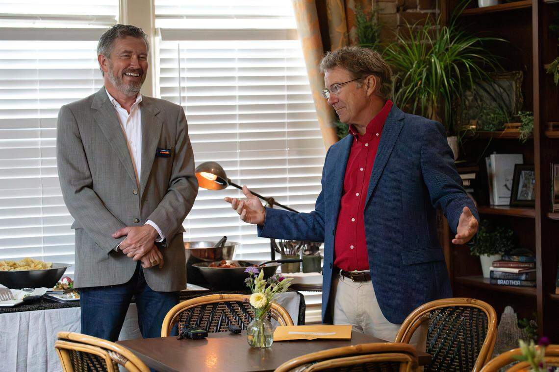Sen. Rand Paul and Rep. Thomas Massie answer questions and share stories during the Towing Industry and Mason County Forum held at Parc Cafe in Maysville, KY, on Sept. 24, 2025.