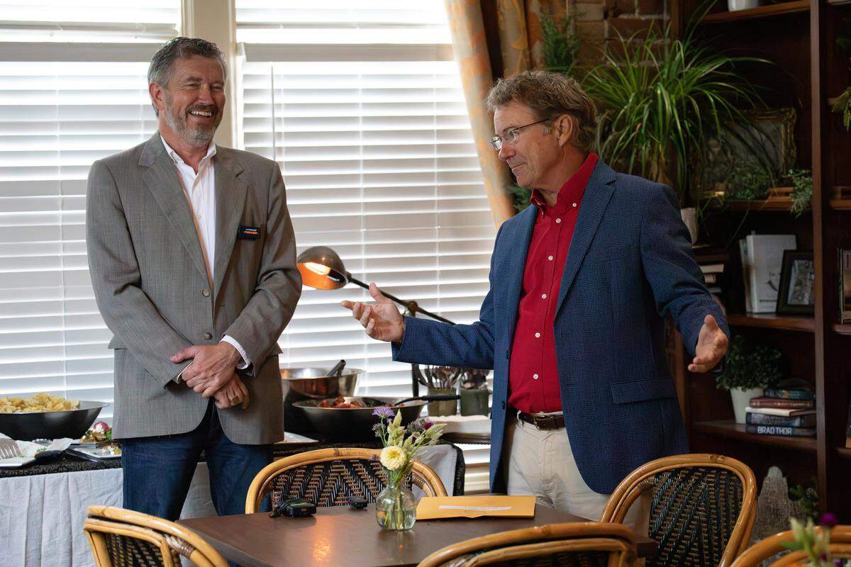 Sen. Rand Paul and Rep. Thomas Massie answer questions and share stories during the Towing Industry and Mason County Forum held at Parc Cafe in Maysville, KY, on Sept. 24, 2025.