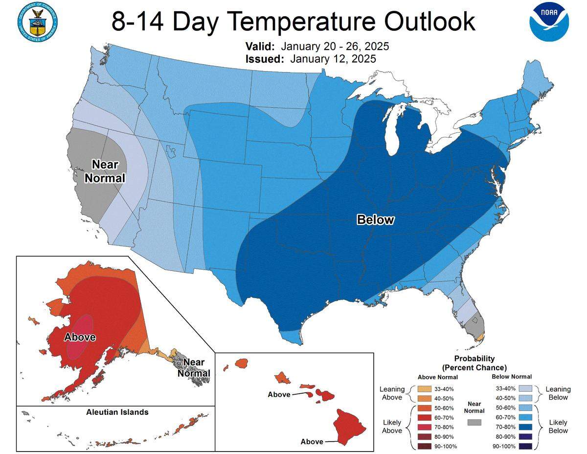 An 8-14 day temperature outlook from the Climate Prediction Center shows Kentucky will likely experience below normal temperatures in the second half of January.