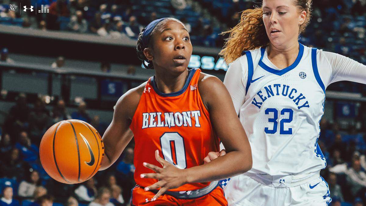 Kentucky’s Amelia Hassett tries to keep pace with Belmont’s Tuti Jones during Friday night’s UK win in Memorial Coliseum. Kentucky head coach Kenny Brooks called Belmont “a very difficult challenge for us,” and said there were “matchup nightmares all over the place.”