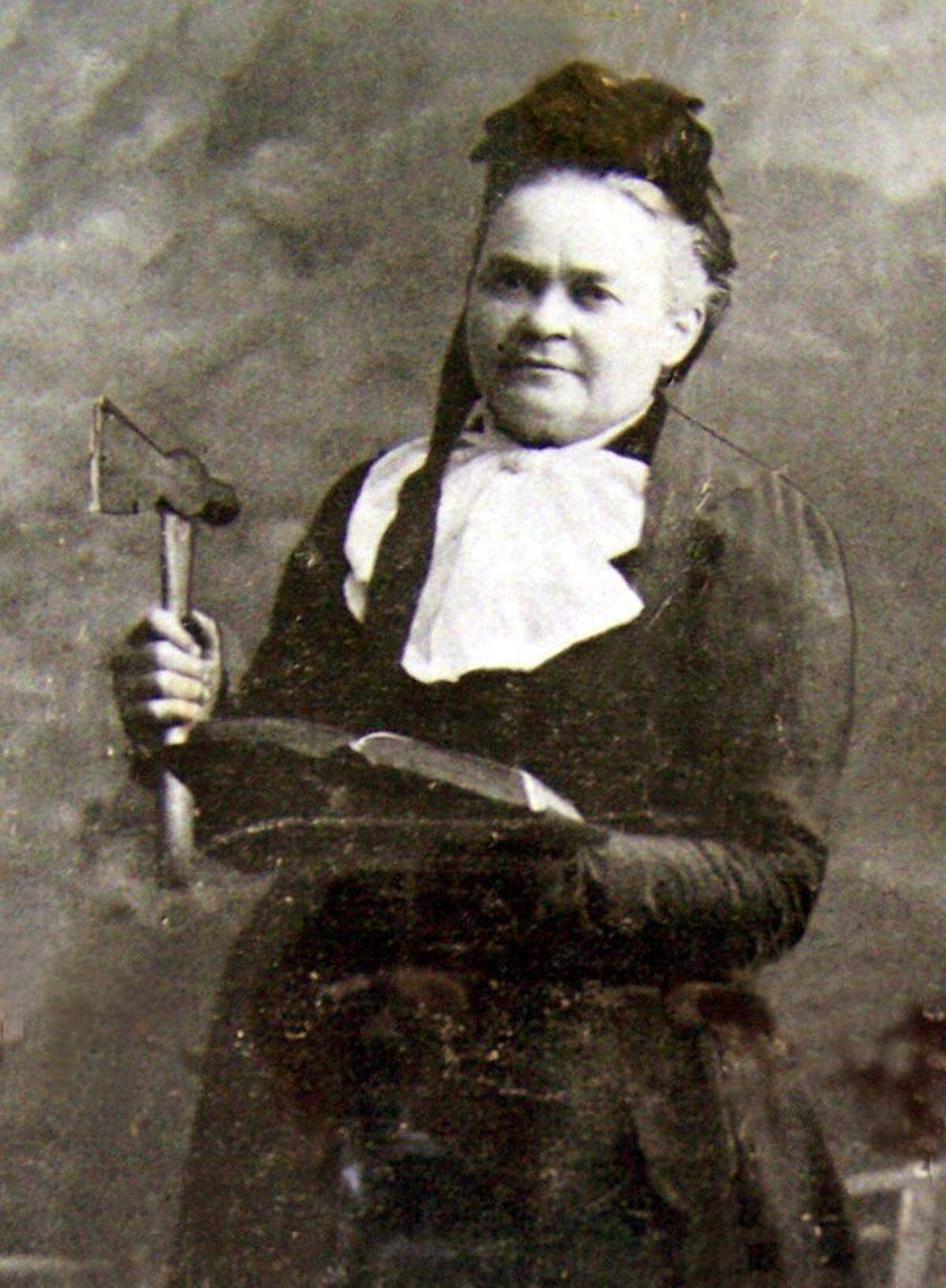 Carry A. Nation was a hatchet-wielding crusader in the early 1900s and part of the Women’s Christian Temperance Union campaign to prohibit alcohol. 1846-1911. Medicine Lodge, Kiowa.