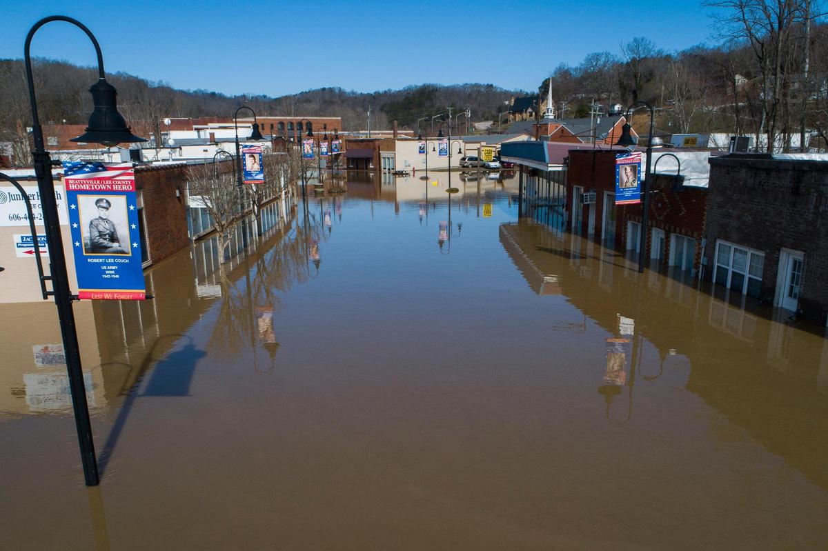 Main Street in the city of Beattyville sits underwater following heavy rains which caused the Kentucky River to flood, Tuesday, March 2, 2021.