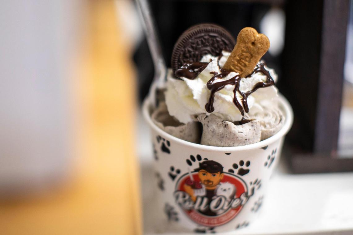 A serving of Oreo Cheesecake rolled ice cream from Roll Over Rolled Ice Cream.