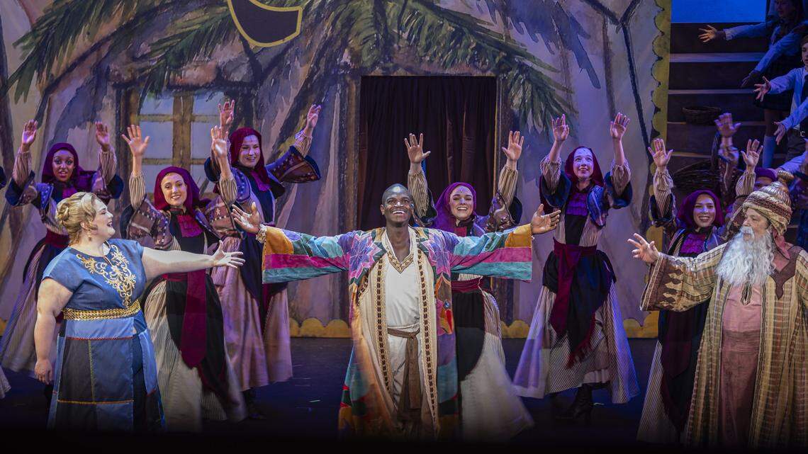 Audrey Belle Adams, left, Darien Sanders, center, and Tim X Davis pose during a rehearsal of Joseph and The Amazing Technicolor Dreamcoat Monday, July 28, 2025, at the Lexington Opera House in Lexington, Ky.