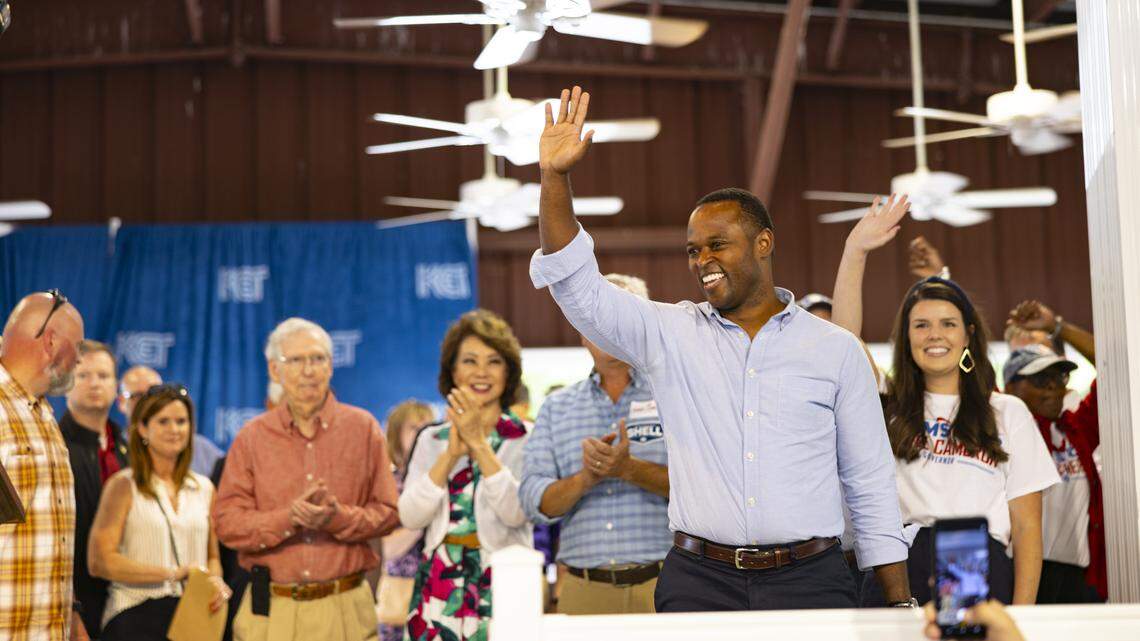 Gubernatorial candidate Daniel Cameron waves to the crowd during the 143rd Fancy Farm Picnic on Saturday, Aug. 5, 2023. 