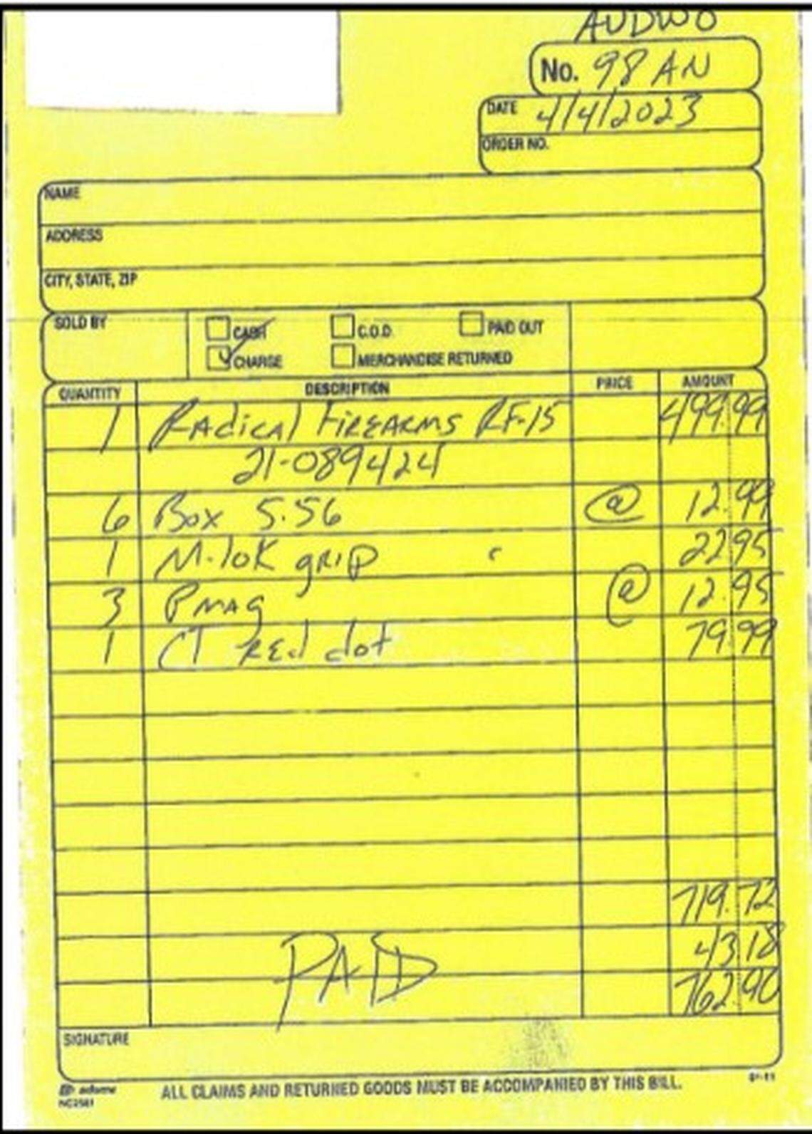 The receipt of the gun purchase made by Connor Sturgeon at River City Firearms.