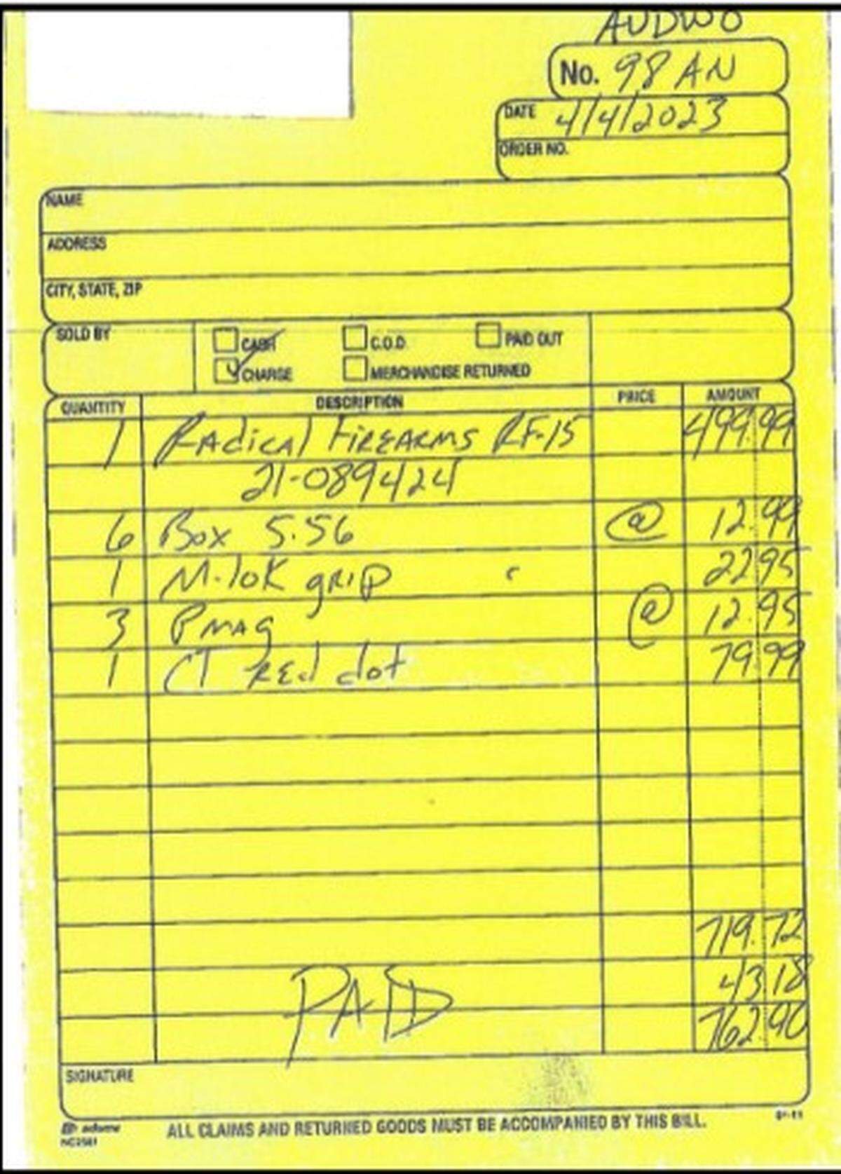 The receipt of the gun purchase made by Connor Sturgeon at River City Firearms.