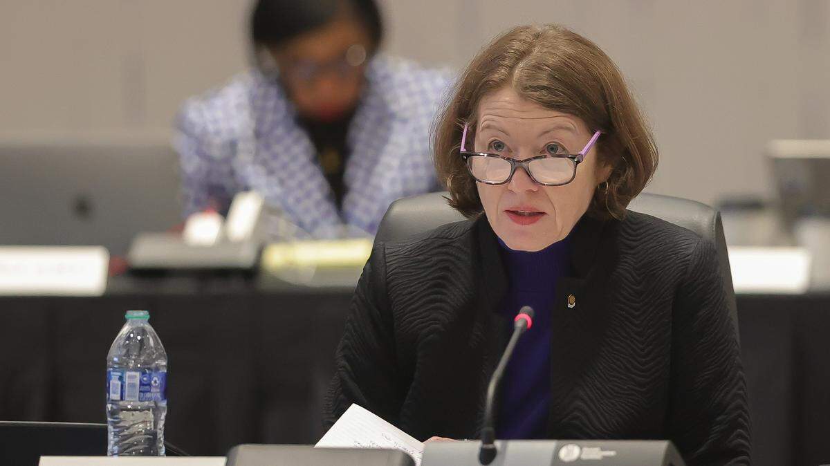 University of Kentucky Board of Trustees faculty trustee Hollie Swanson speaks to the board on Friday, February 23, 2024 about proposals to change the university senate rules.