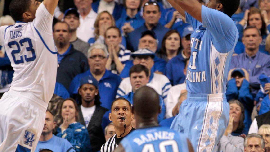 Kentucky forward Anthony Davis (23) blocked the last second shot attempt of North Carolina's forward John Henson (31) as #1 Kentucky defeated #5 North Carolina 73-72  on Saturday December 3, 2011  in Lexington, Ky.