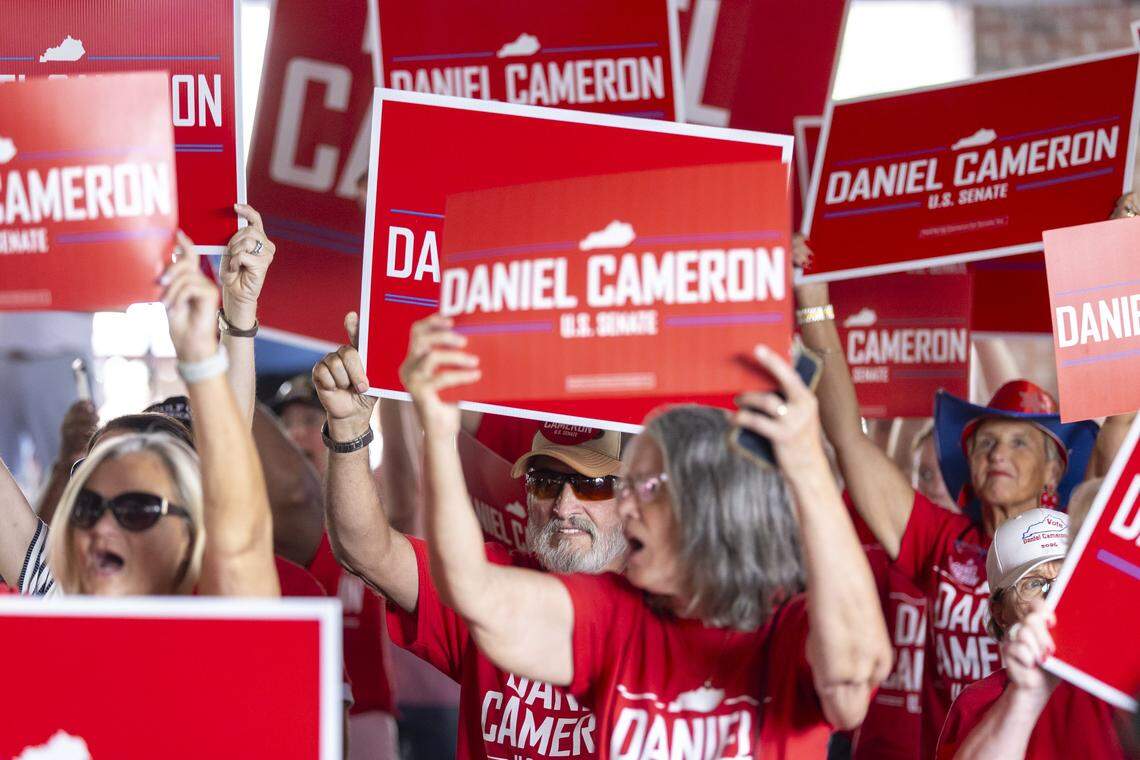 Daniel Cameron supporters cheer as the former Kentucky Attorney General and U.S. Senate candidate delivers a speech at the 145th annual St. Jerome Fancy Farm Picnic in Fancy Farm, Ky., on Saturday, Aug. 2, 2025.
