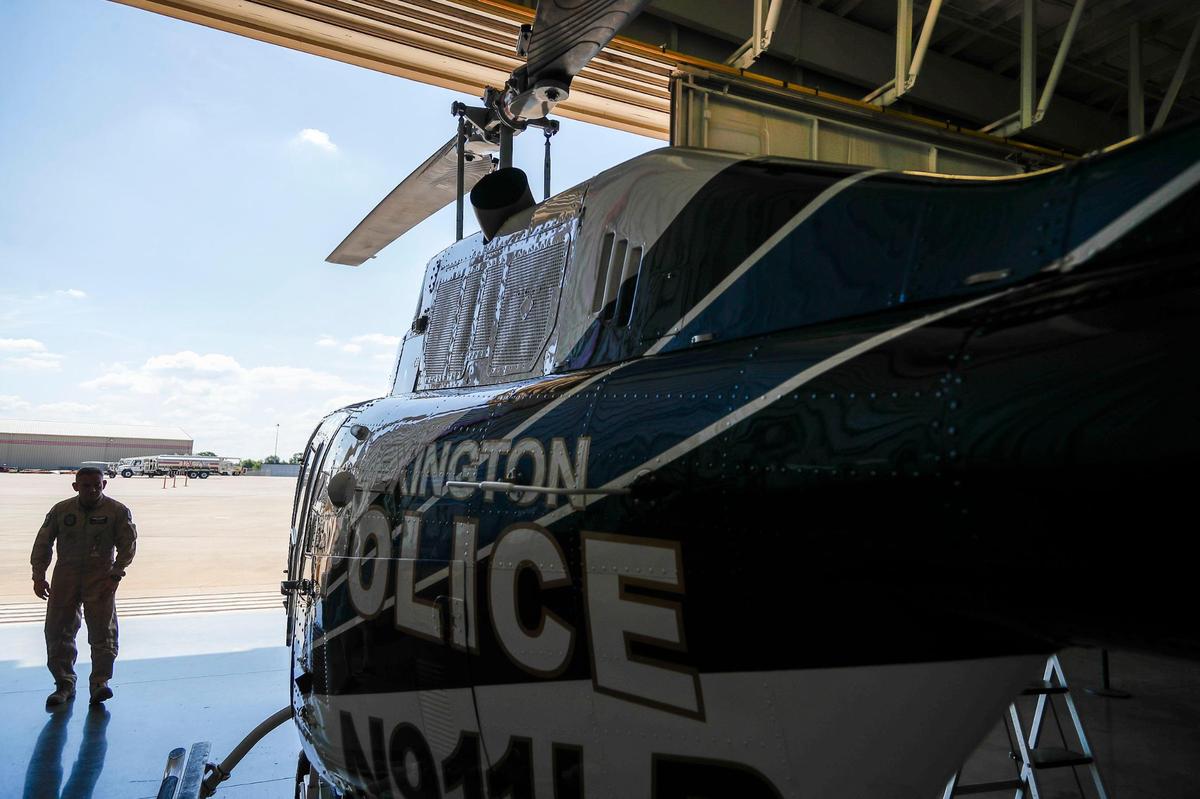 One of the two Bell OH-58C helicopters used by Lexington Police’s Air Support Unit to support ground units with pursuits, missing persons and traffic control in a hanger at the Bluegrass Airport in Lexington, Ky., Tuesday, July 15, 2022. The unit was established in 2005 and is currently made up of four pilots and four tactical flight officers. “Our major purpose is to keep people safe,” Tactical Flight Officer Bige Towery said.